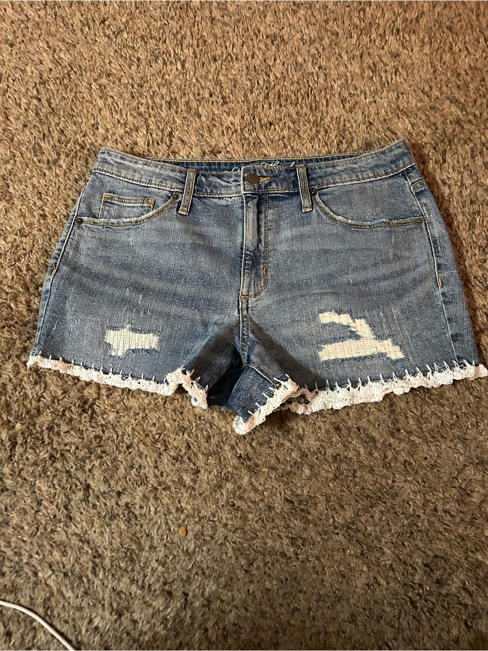 Universal Thread Light Blue Distressed Denim Shorts with White Lace Trim